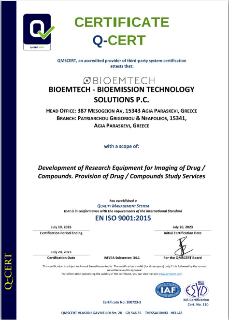 BIOEMTECH is now certified to ISO 9001:2015 for the development of our real time imaging systems and the provision of our CRO preclinical services.